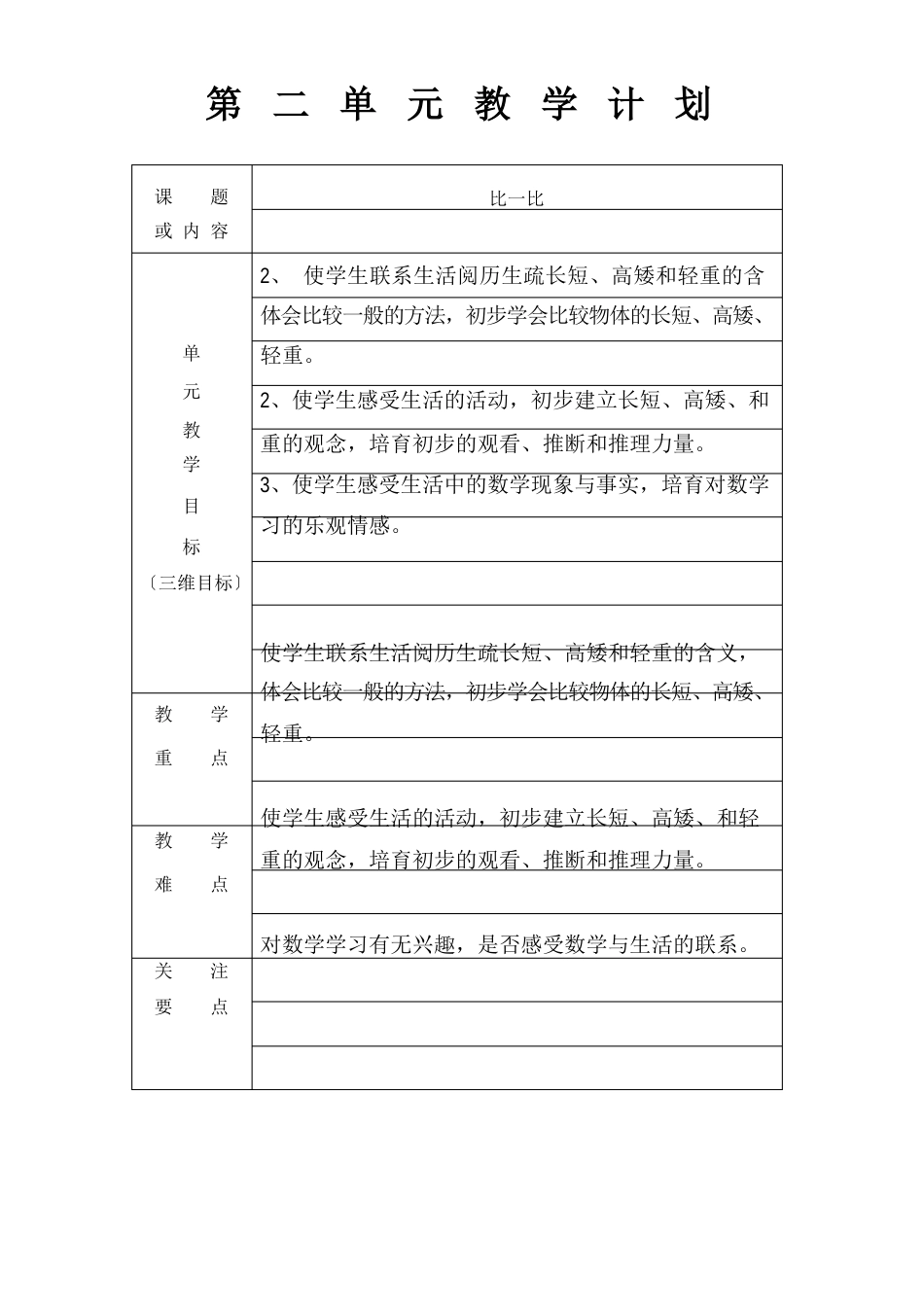 苏教版小学一年级数学单元教学目标_第2页