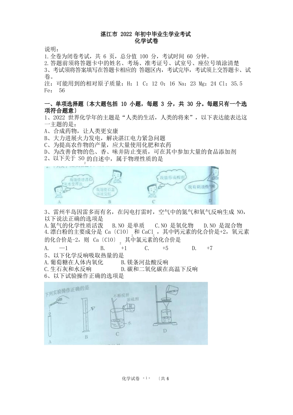 湛江市2022年中考(初中毕业生学业水平考试)化学试卷_第1页