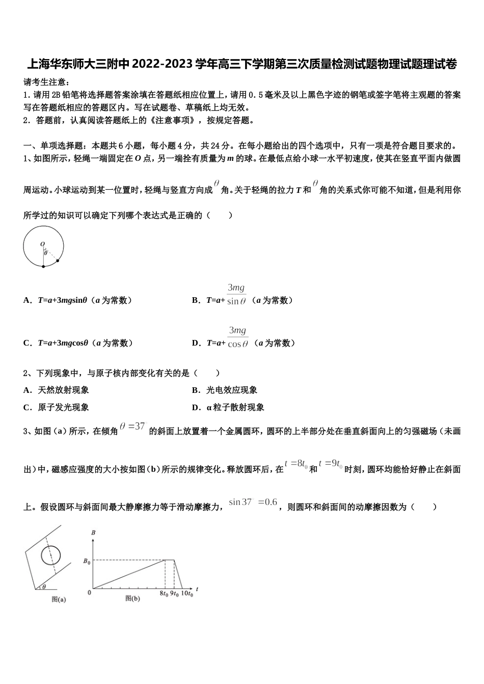 上海华东师大三附中2022-2023学年高三下学期第三次质量检测试题物理试题理试卷_第1页