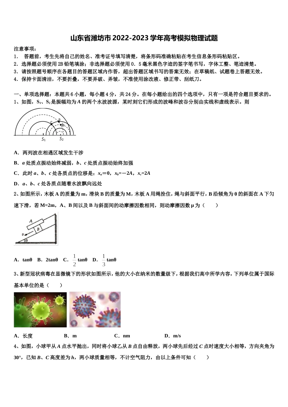 山东省潍坊市2022-2023学年高考模拟物理试题_第1页