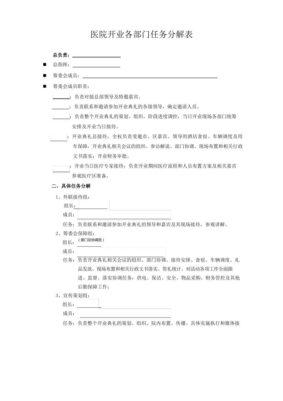 医院开业策划方案以及各部门任务分解表_第1页