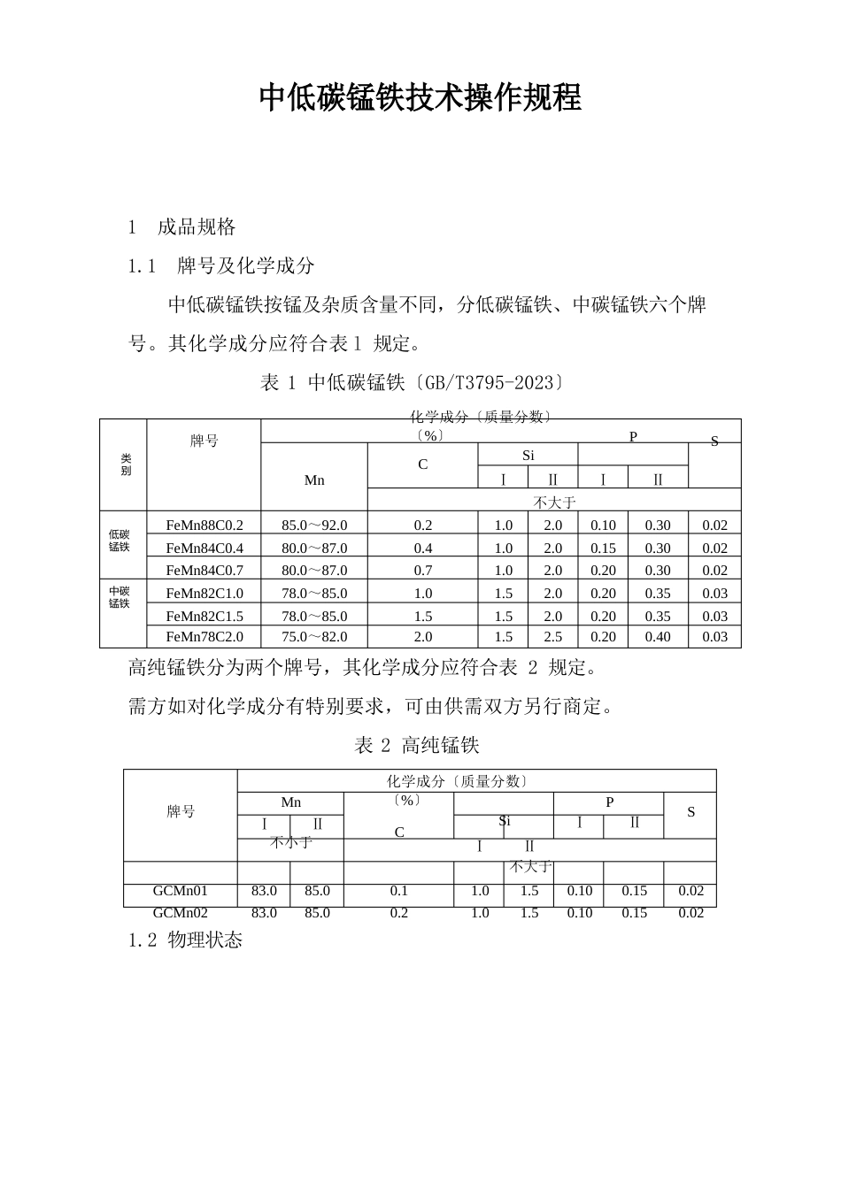 中低碳锰铁技术操作规程_第1页