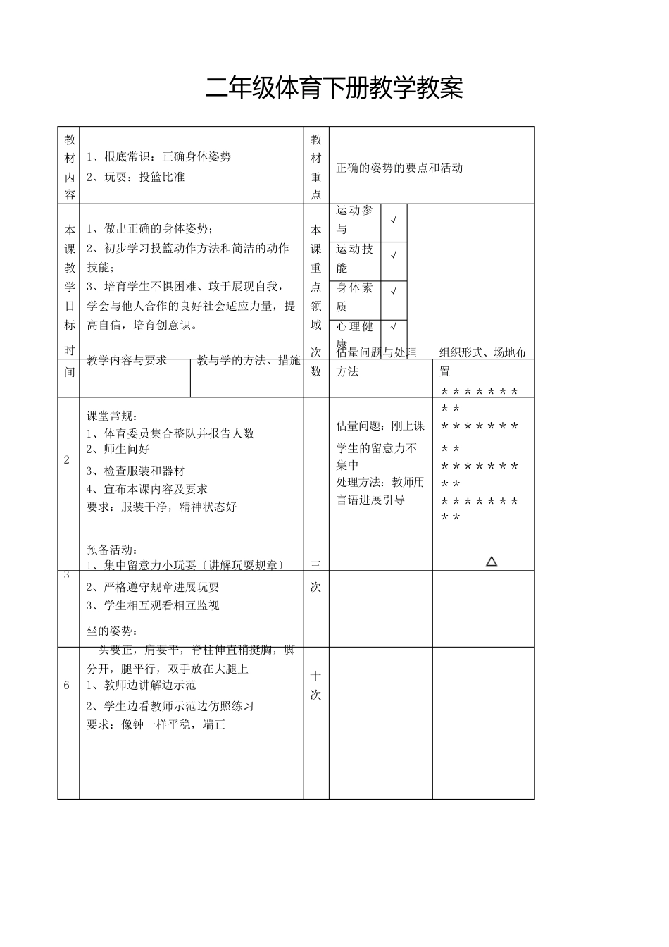 人教部编版小学二年级体育下册《基础常识：正确身体姿势》教学设计_第1页