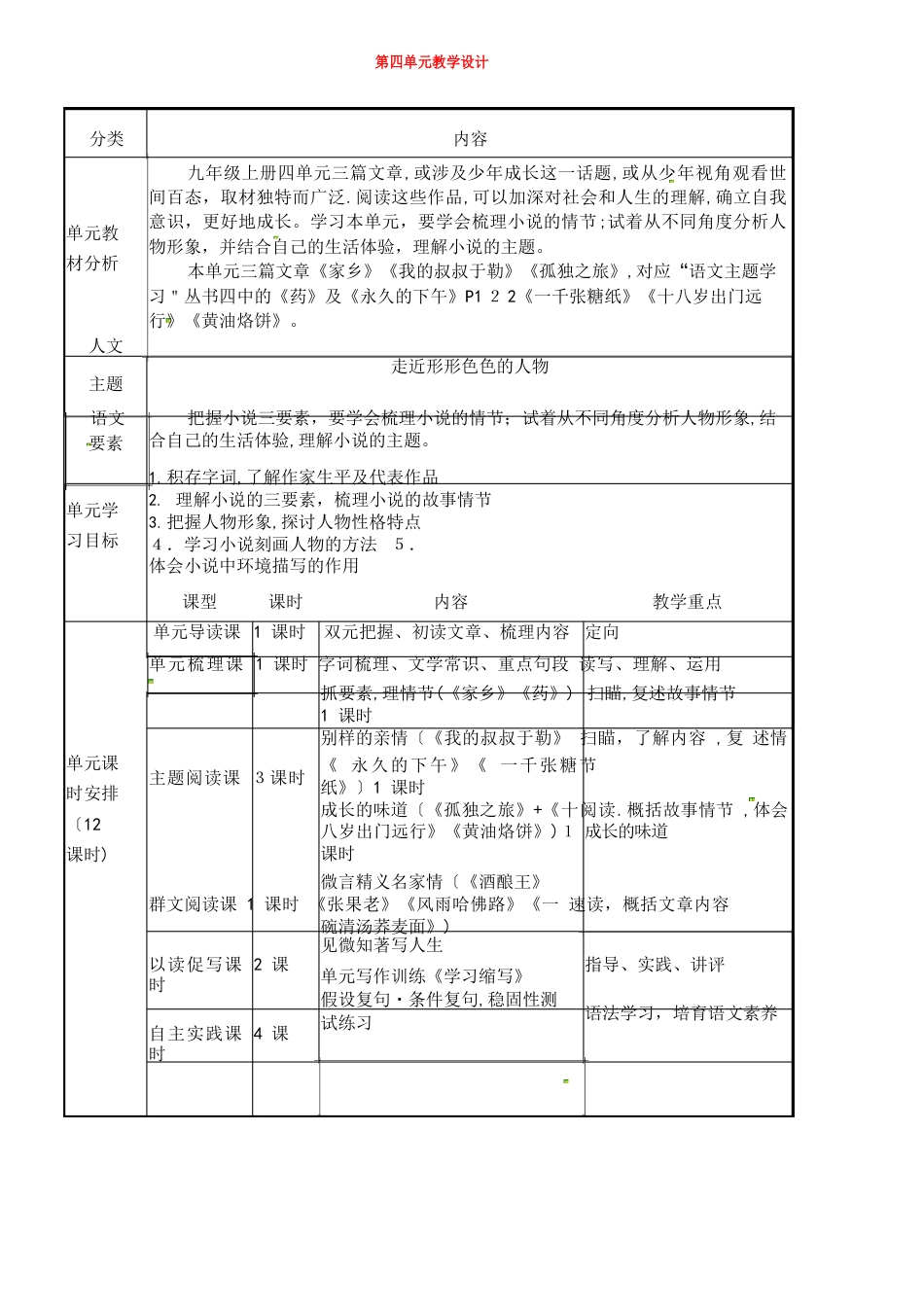 九年级语文上册第四单元教学设计新人教版(2023学年)_第1页