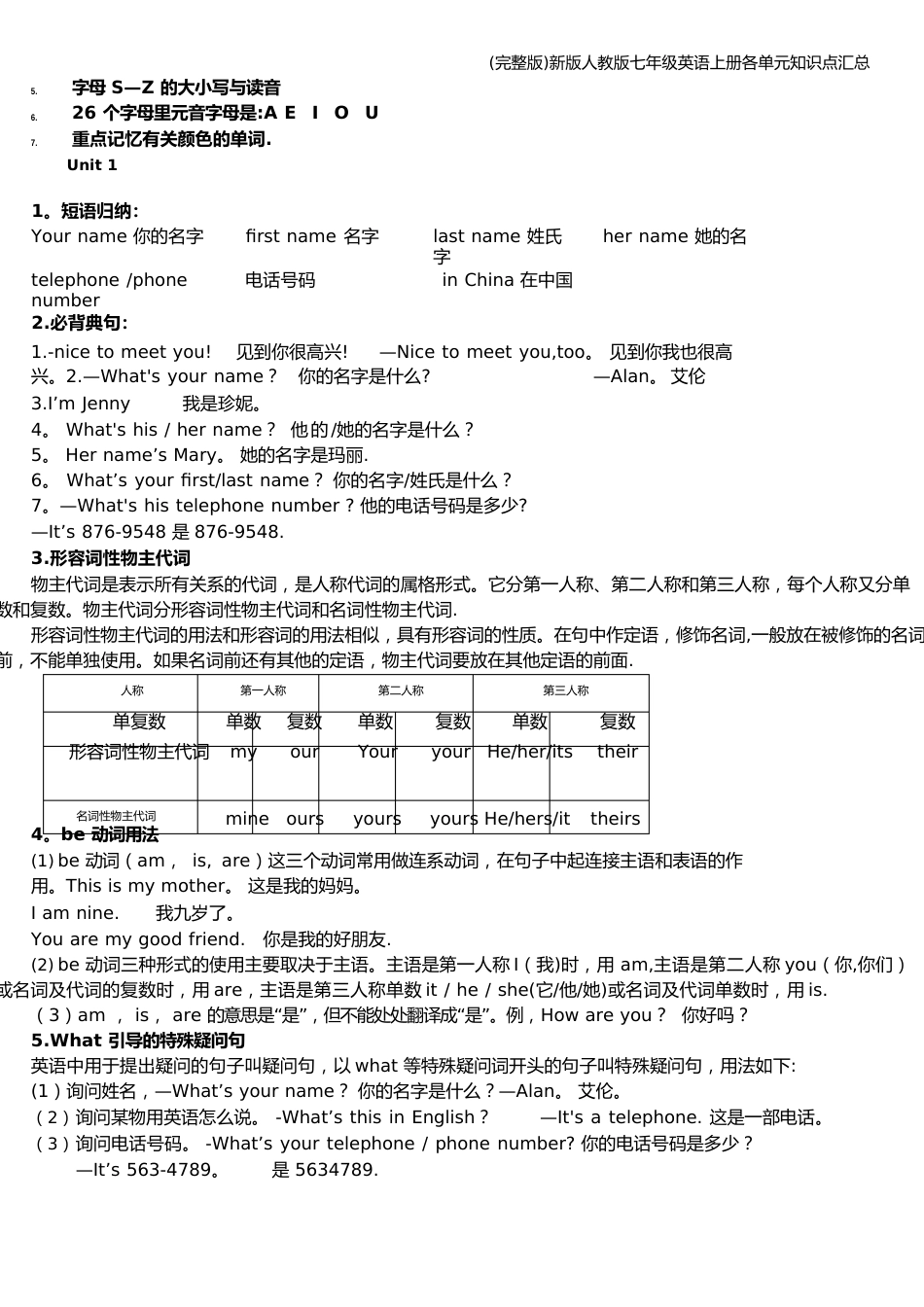 新版人教版七年级英语上册各单元知识点汇总_第3页