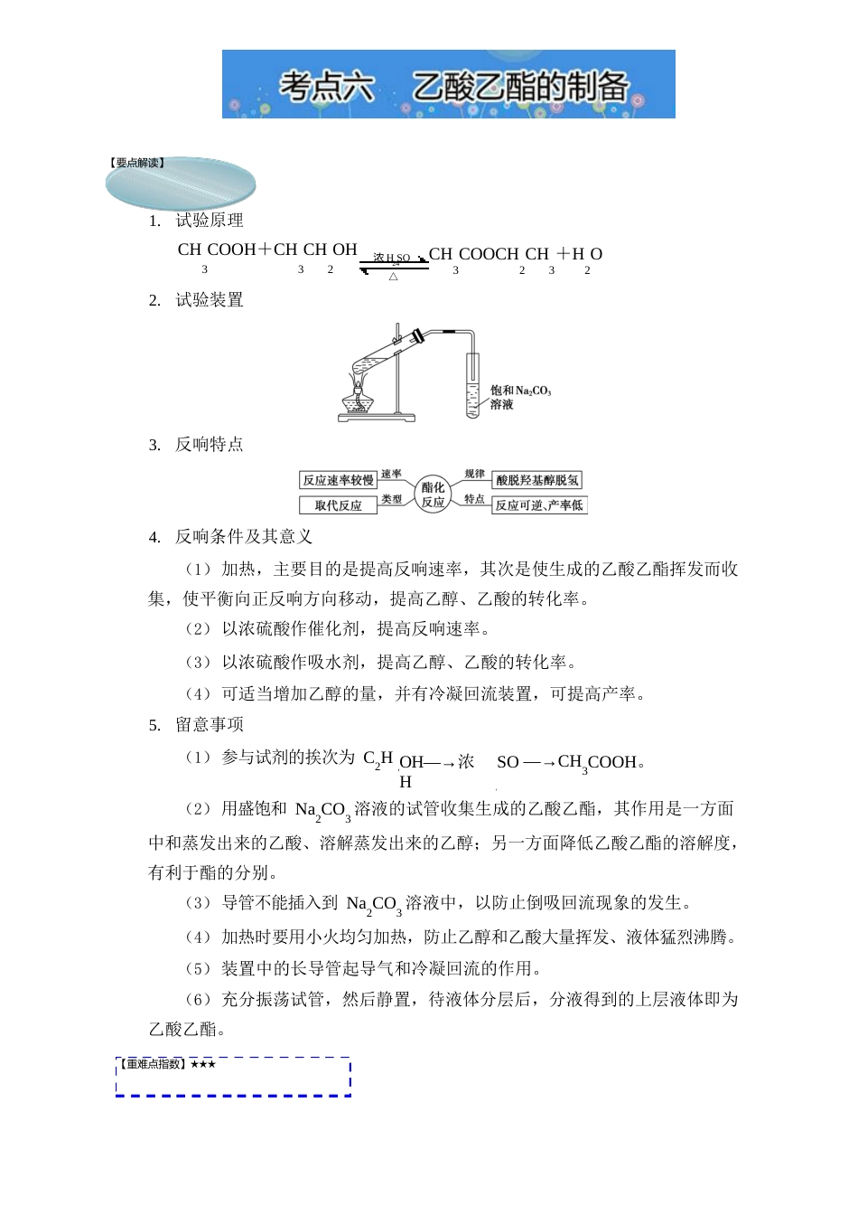 【高中化学】短平快高考考点突破一本通之有机化学(必修)考点六乙酸乙酯的制备_第1页