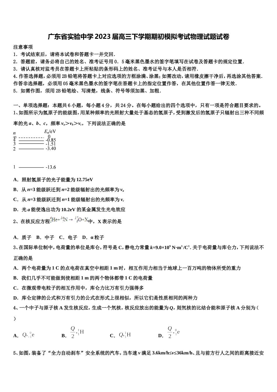 广东省实验中学2023届高三下学期期初模拟考试物理试题试卷_第1页