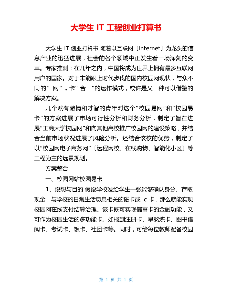 大学生IT项目创业计划书_第1页