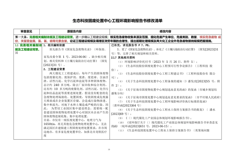 生态科技有限公司固废处置中心项目环境影响报告书(报批稿)修改清单_第1页