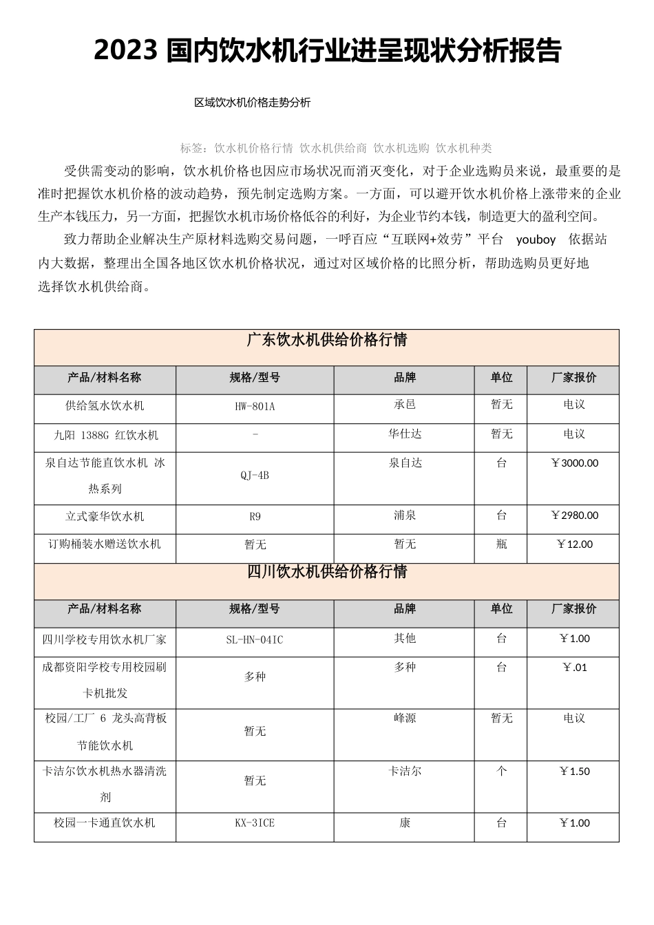 2023年国内饮水机行业发展现状分析报告-区域饮水机价格走势分析_第1页