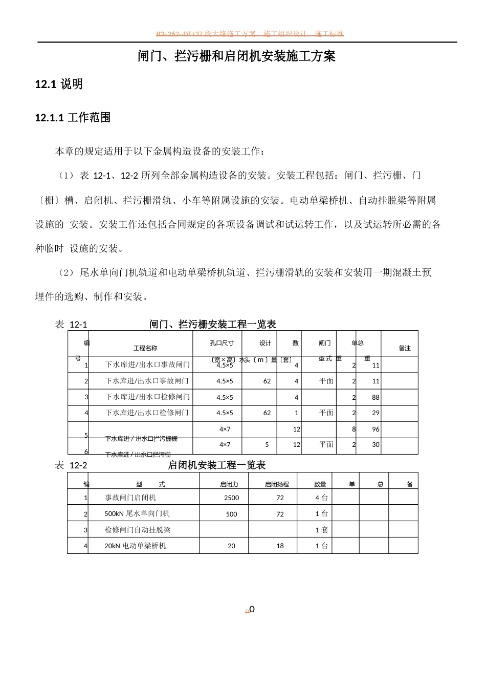 闸门、拦污栅、启闭机等金属结构安装施工方案_第1页