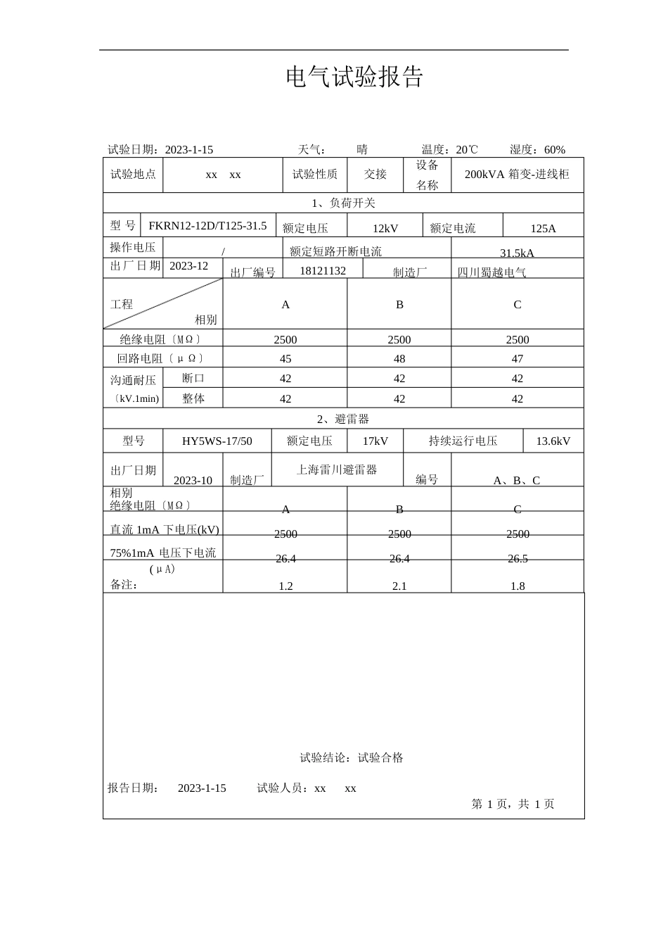 200KVA箱变及线路工程交接性电气试验报告_第1页