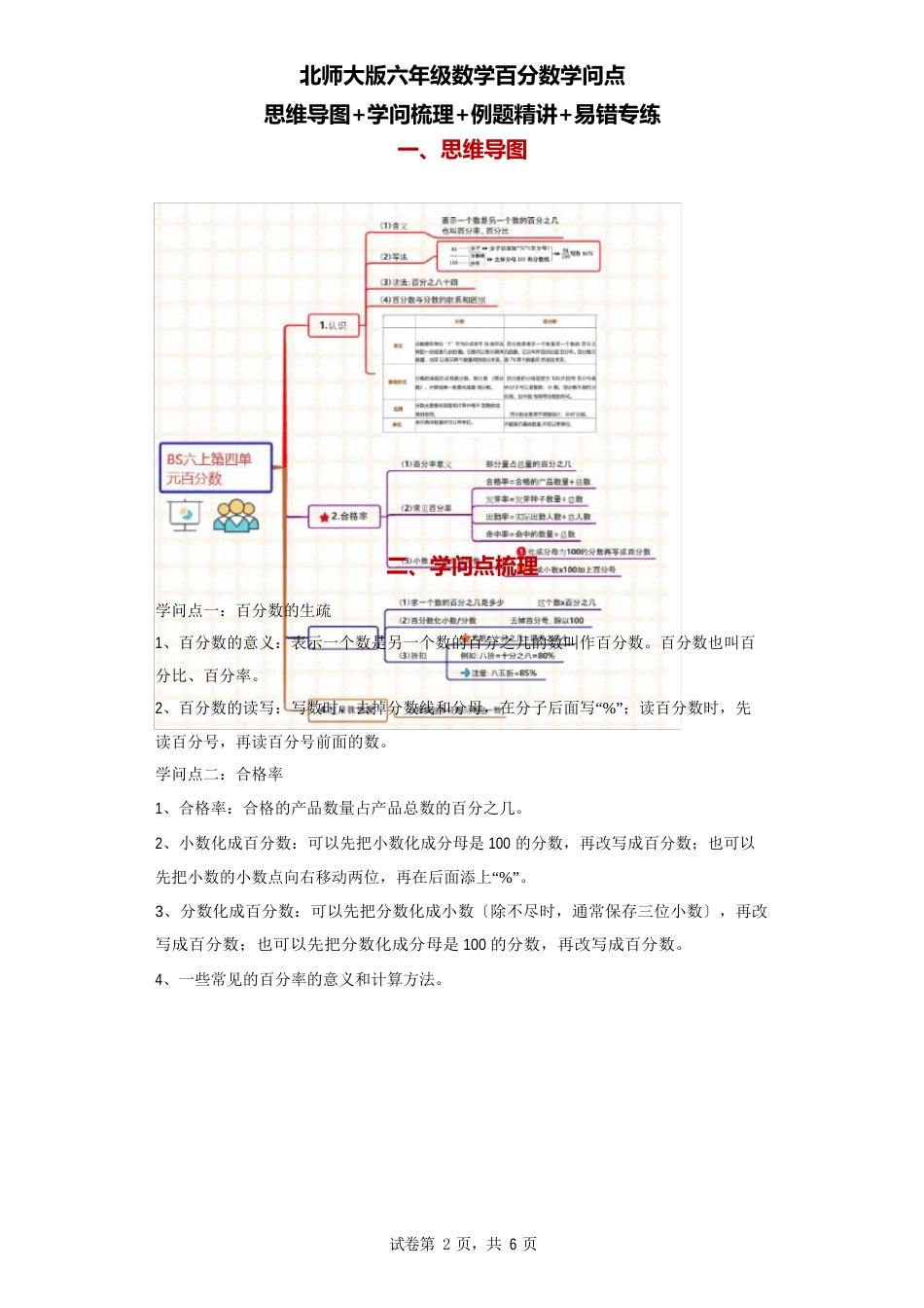 北师大版六年级数学百分数知识点：思维导图+知识梳理+例题精讲+易错专练_第1页