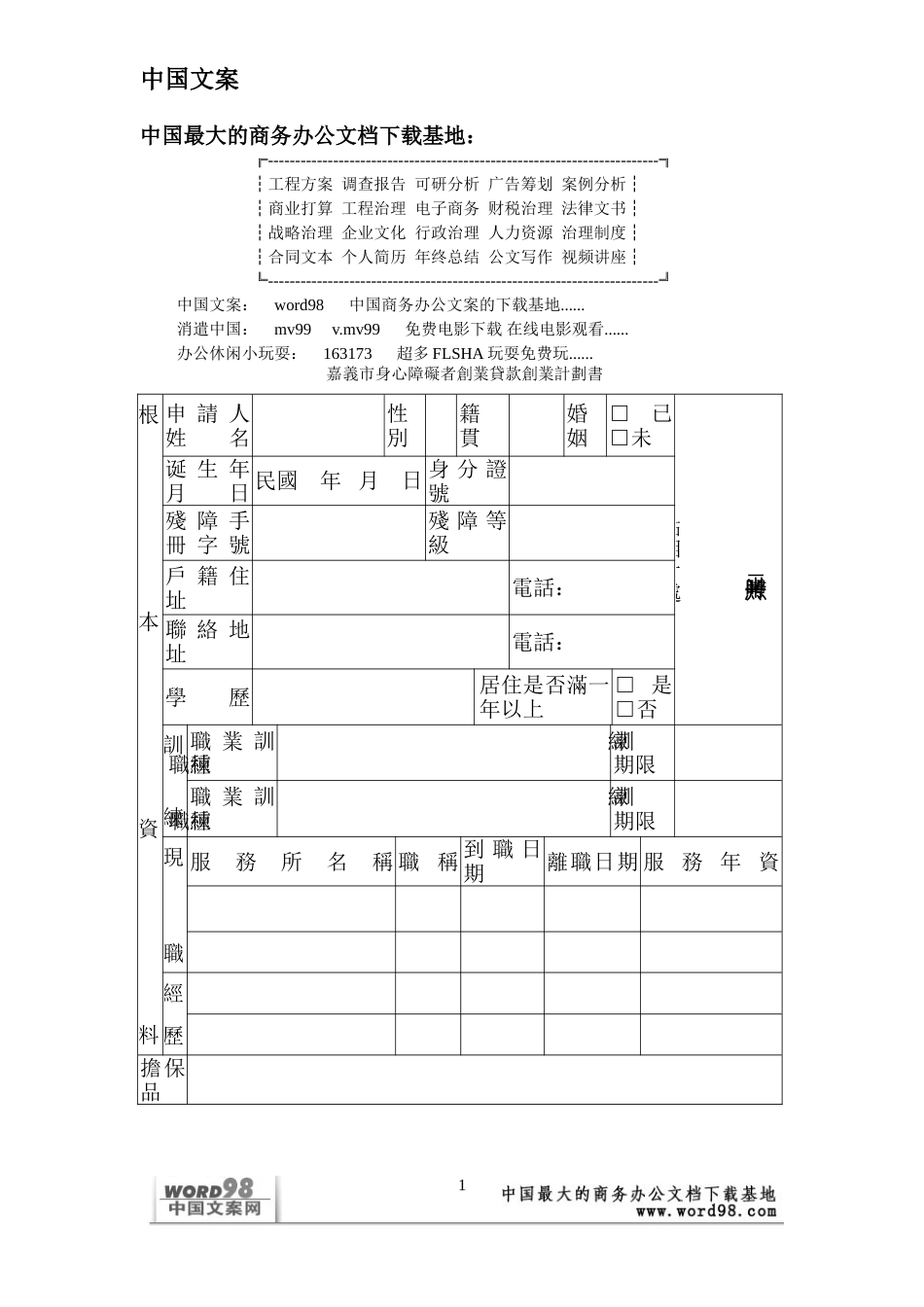 嘉義市身心障礙者創業貸款創業計劃書_第1页