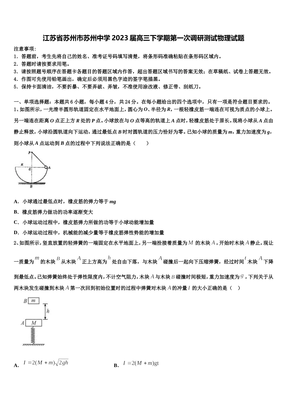 江苏省苏州市苏州中学2023届高三下学期第一次调研测试物理试题_第1页