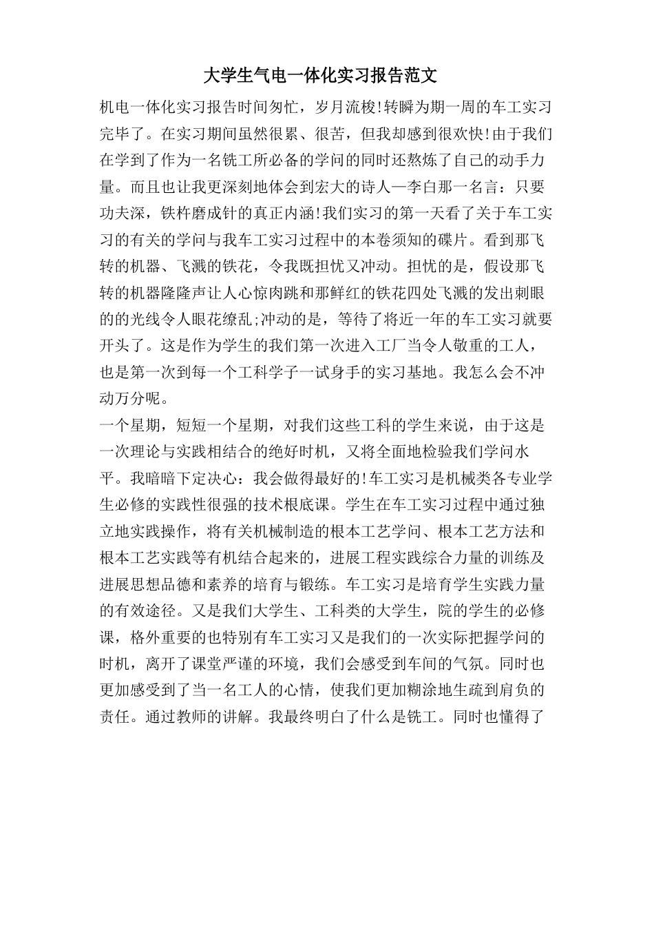 大学生机电一体化实习报告范文_第1页