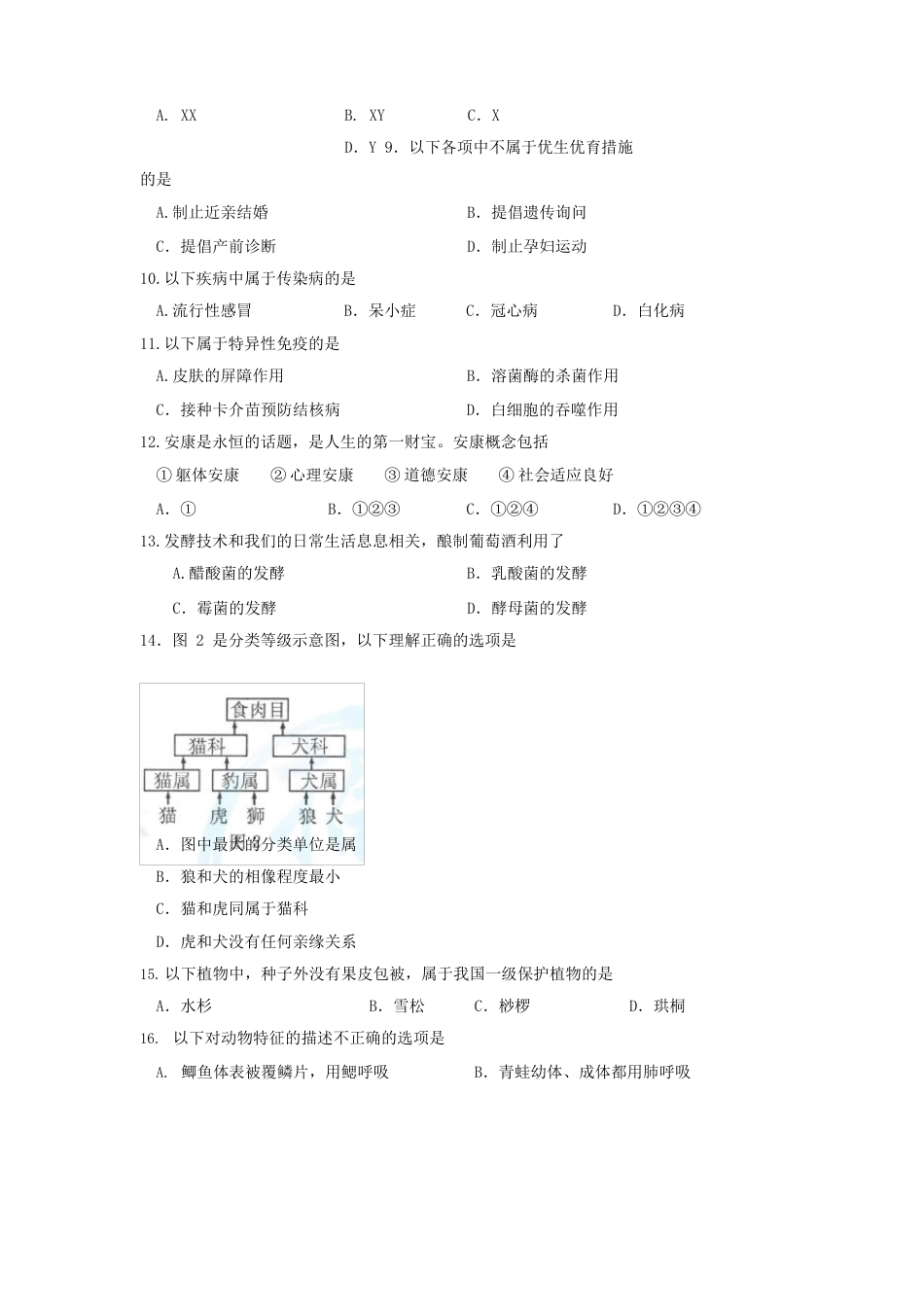 江苏省南京市2022年真考真题生物试卷_第2页