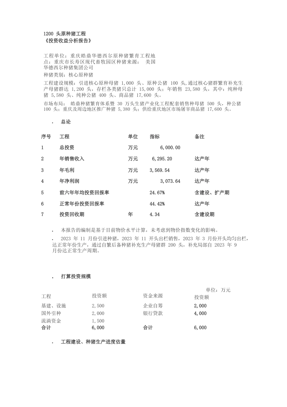 1200头原种猪项目《投资收益分析报告》_第1页