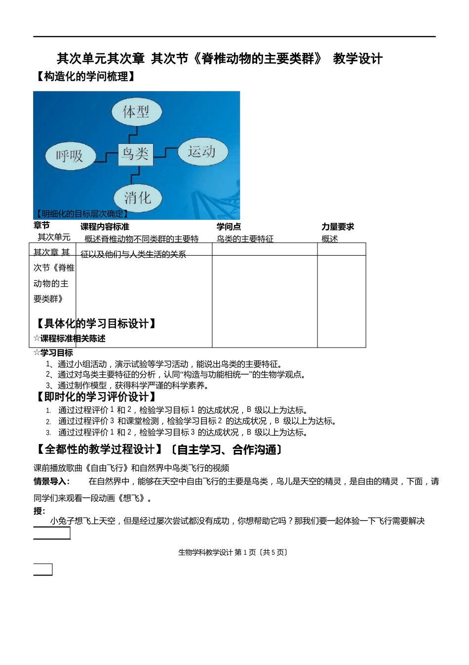 初中生物《脊椎动物的主要类群3鸟类》优质课教案、教学设计_第1页