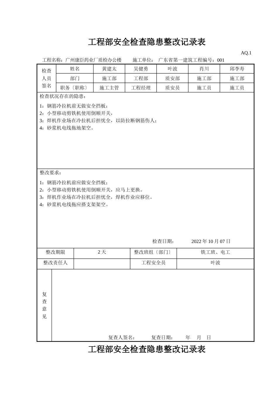 项目部安全检查隐患整改记录表_第1页