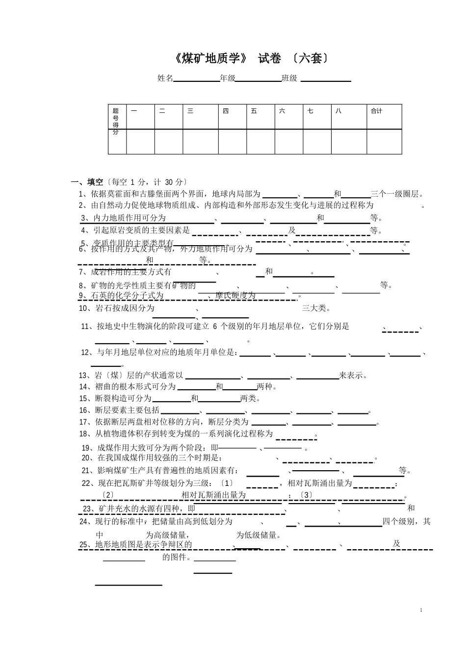 煤矿地质学试题六_第1页