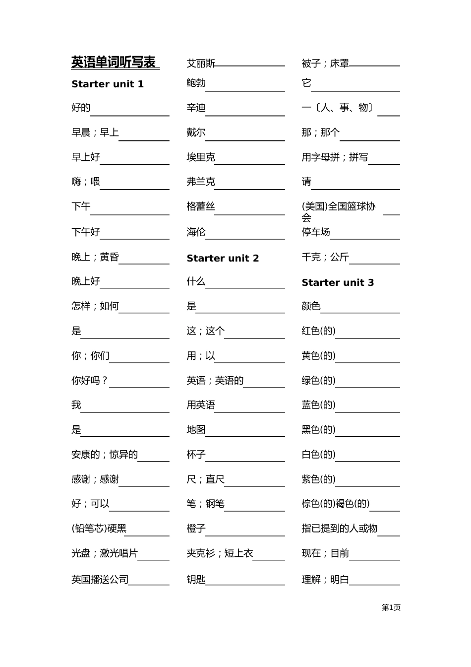 七年级上册英语单词听写表_第1页