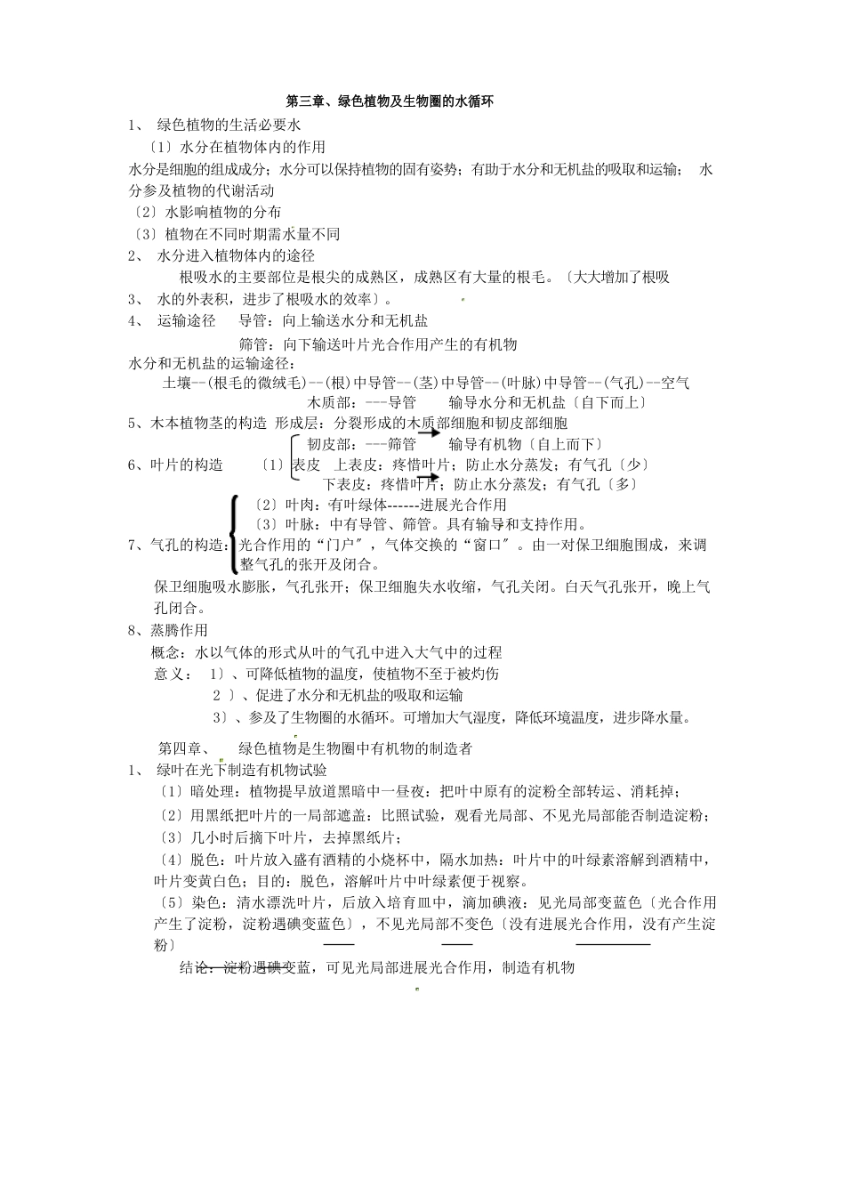 七年级生物上册第三单元绿色植物与生物圈的水循环知识点汇总新人教版_第1页
