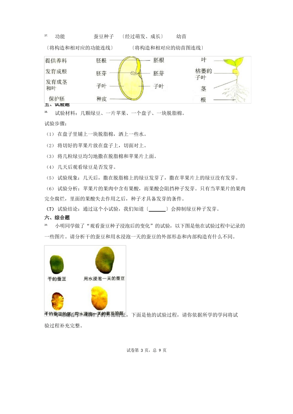 四年级科学下册试题第一单元种子里孕育着新生命一课一练(教科版)(含答案)_第3页