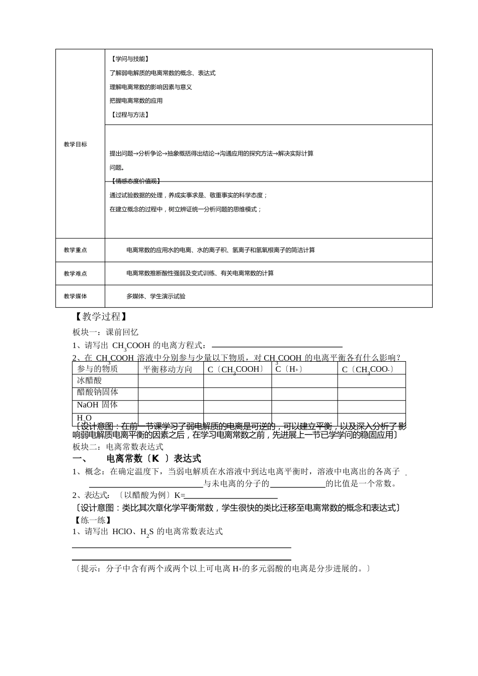 《弱电解质的电离平衡常数》教学设计(高二化学教案)_第2页