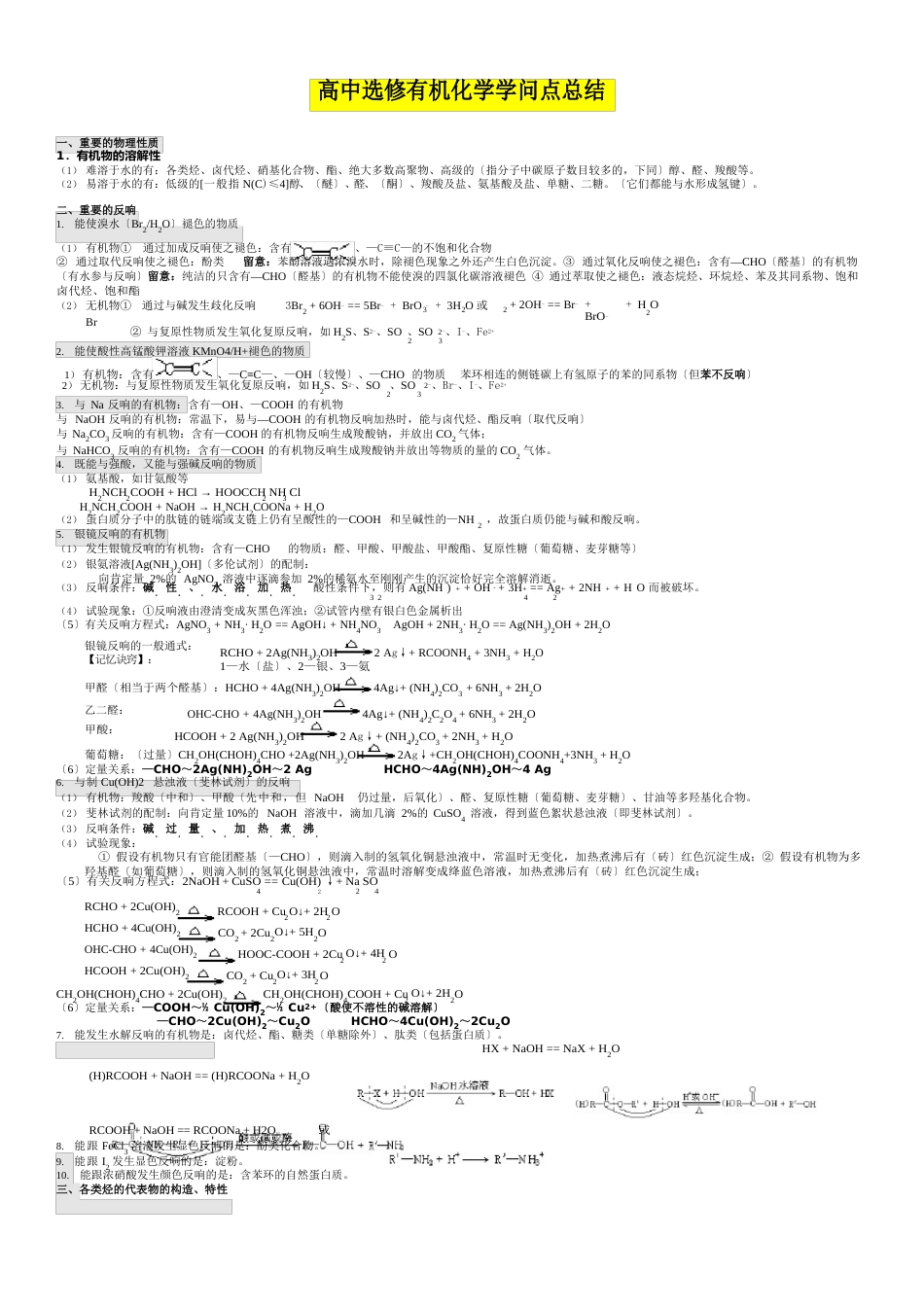 高中选修有机化学基础知识点归纳_第1页