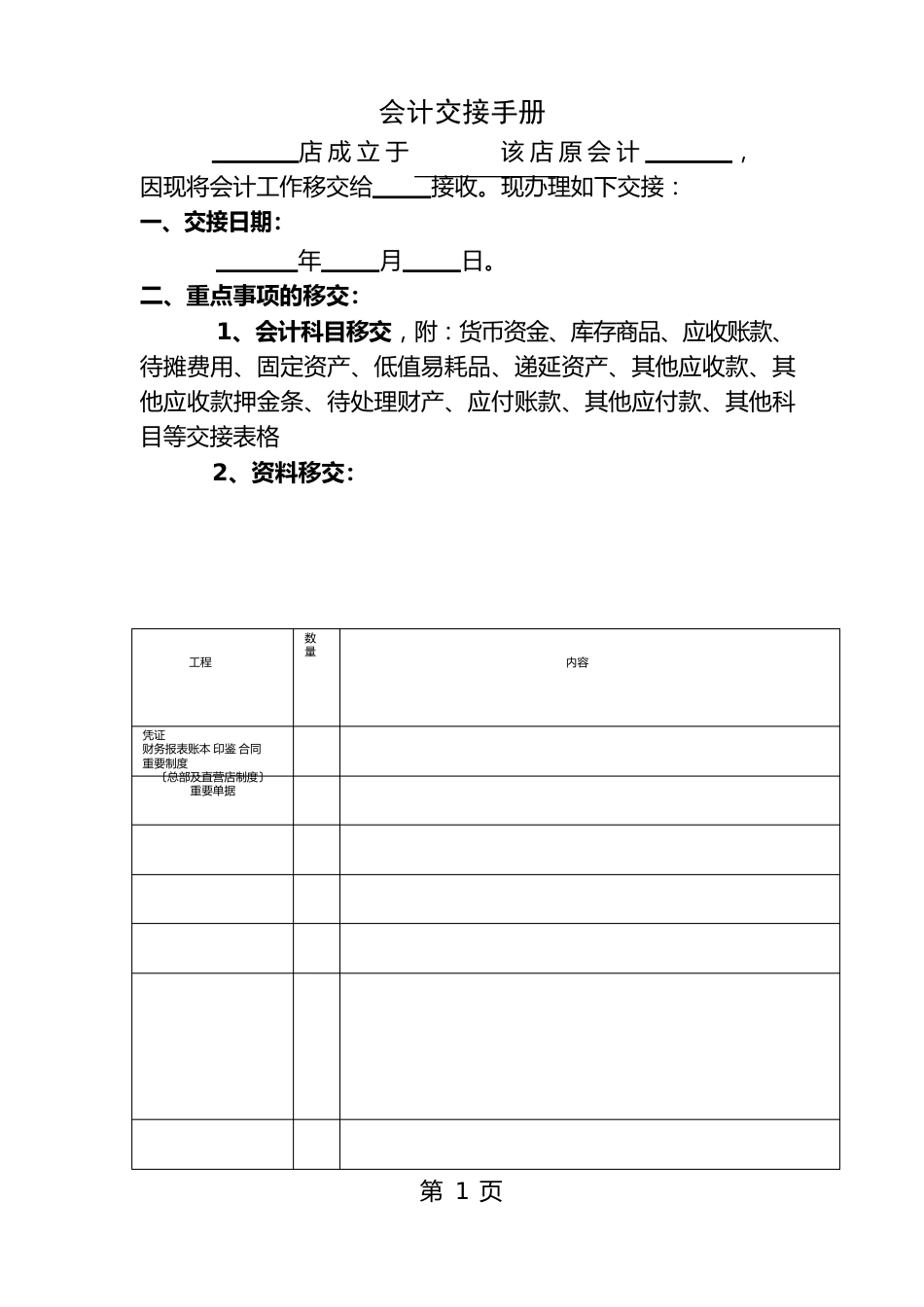 会计出纳交接表模板_第1页