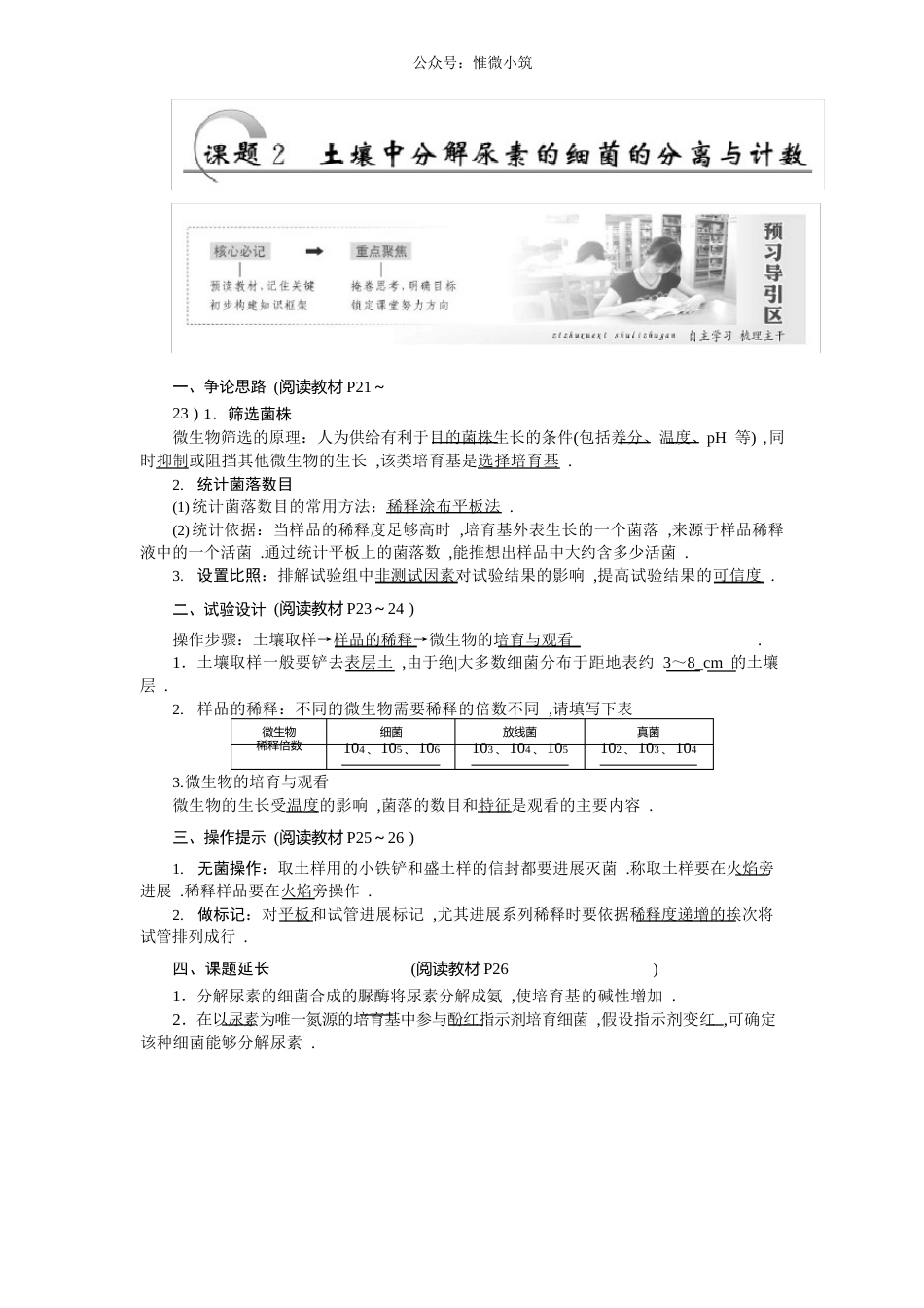 2023年-高二生物人教版一教学案：专题2课题2土壤中分解尿素的细菌的分离与计数版含答案生物_第1页