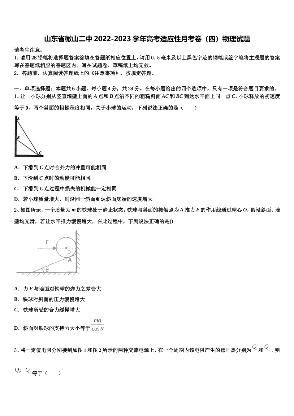 山东省微山二中2022-2023学年高考适应性月考卷（四）物理试题_第1页