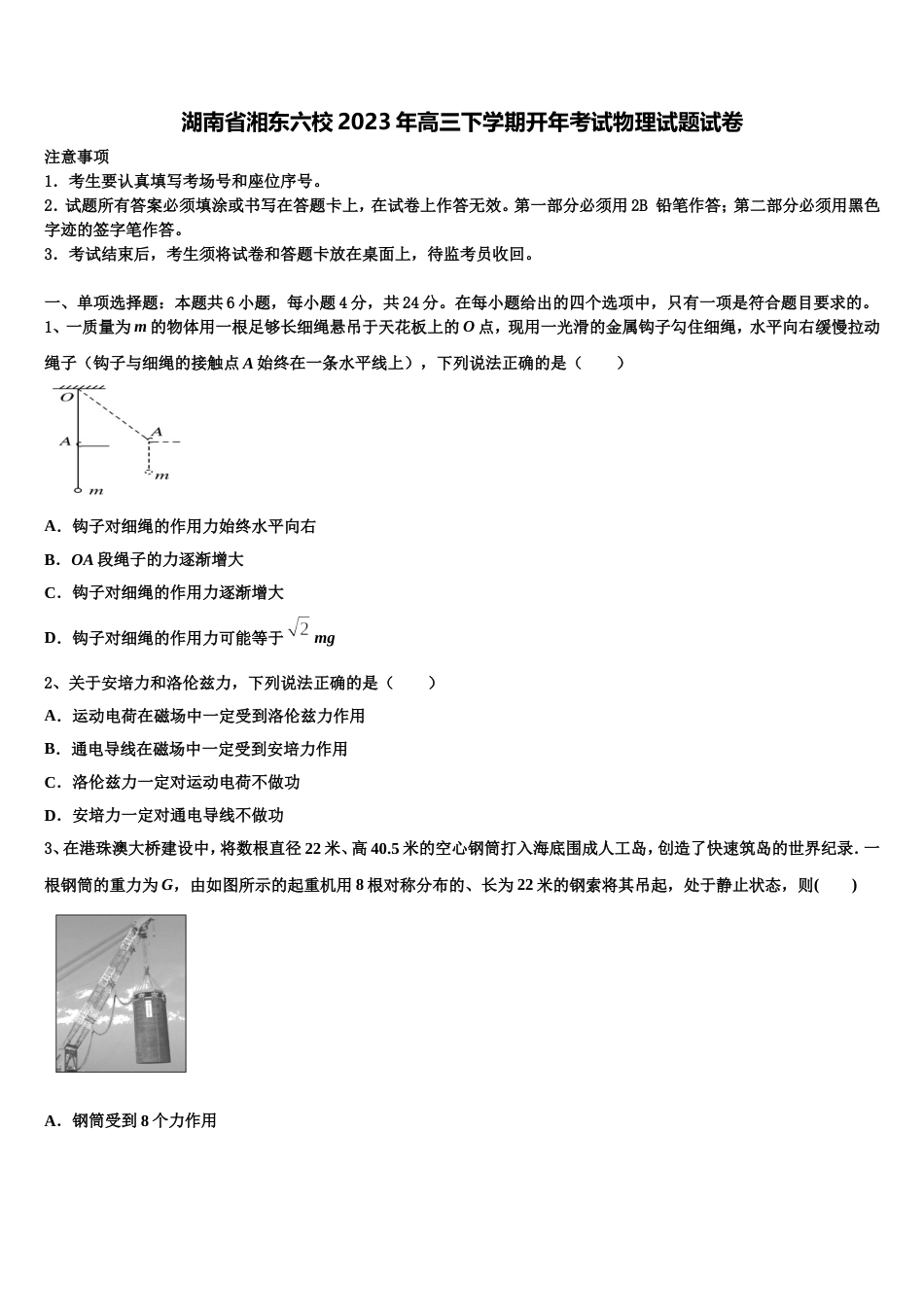 湖南省湘东六校2023年高三下学期开年考试物理试题试卷_第1页