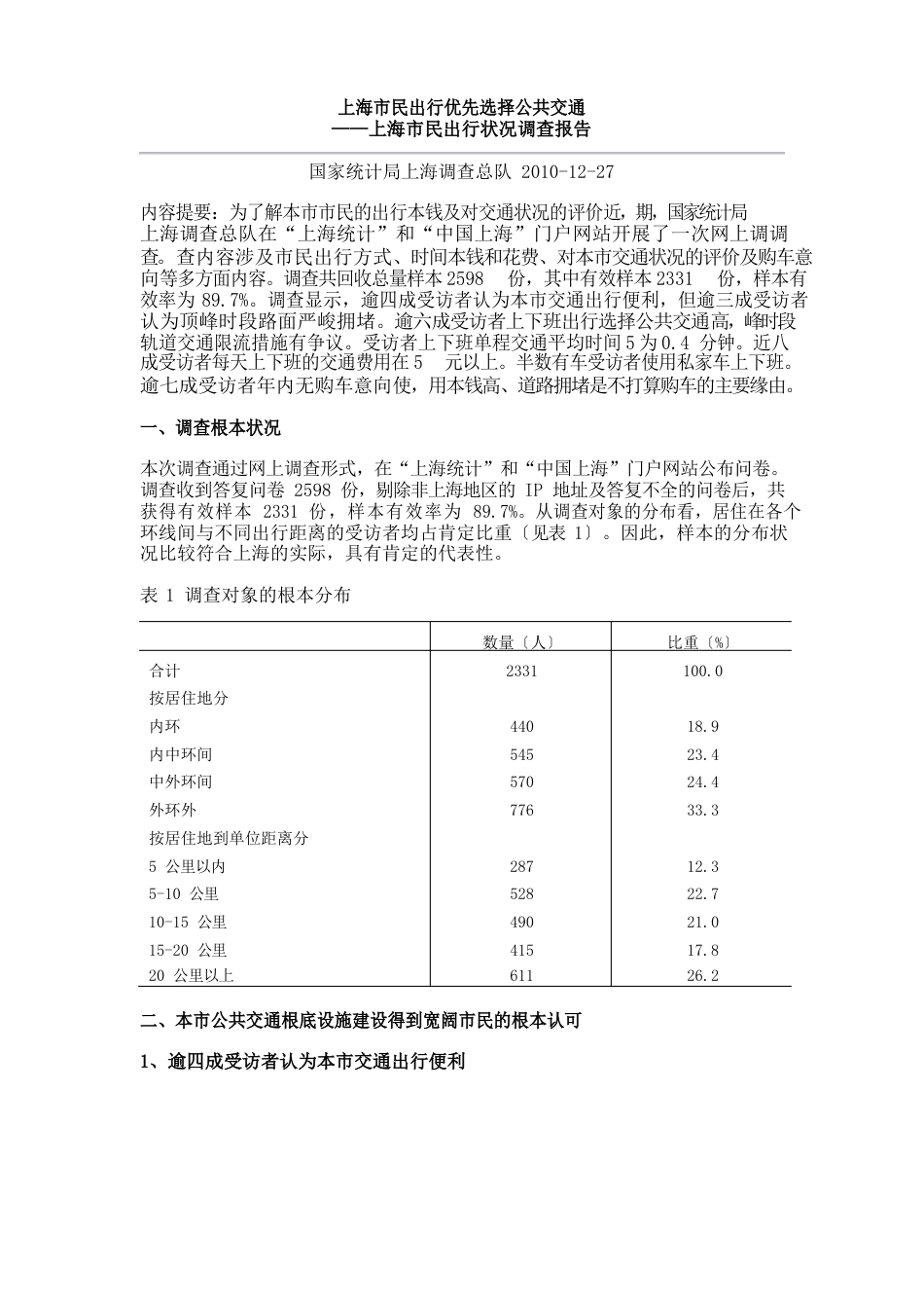 上海市民出行优先选择公共交通————上海市民出行状况调查报告_第1页