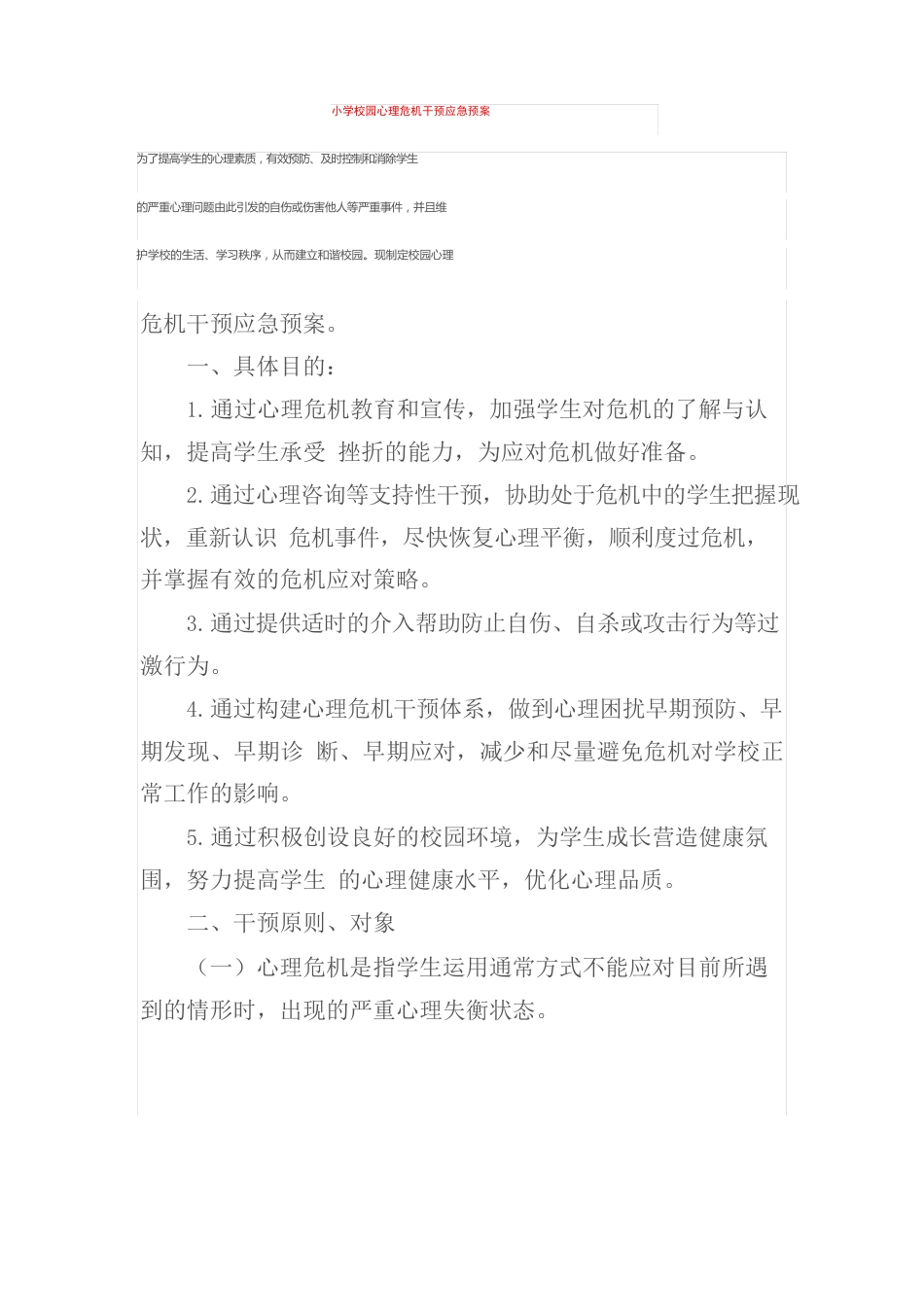 小学校园心理危机干预应急预案_第1页