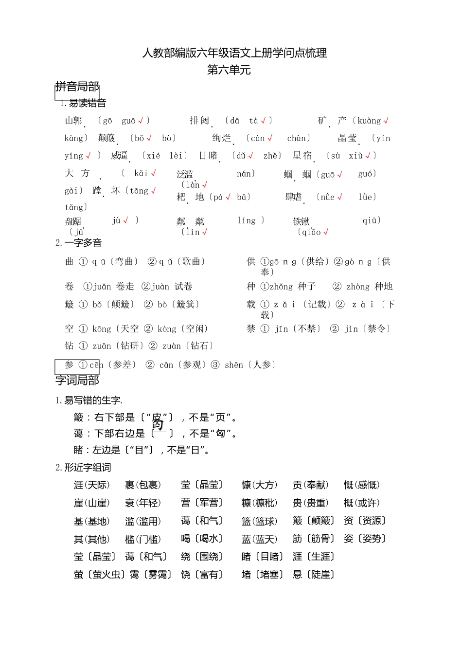 部编人教版六年级上册语文第六单元知识点归纳_第1页