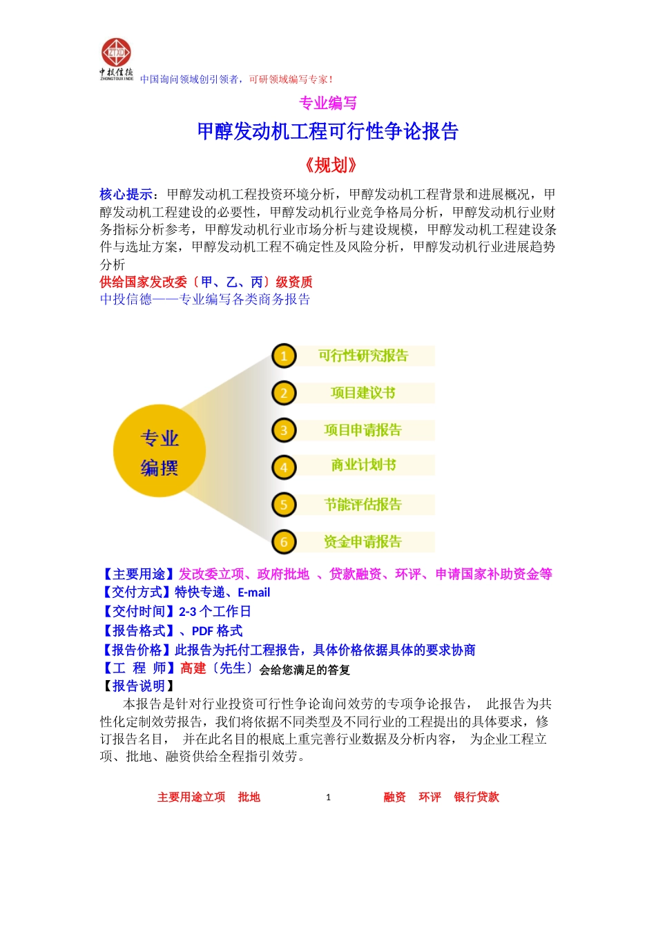 甲醇发动机项目可行性研究报告_第1页