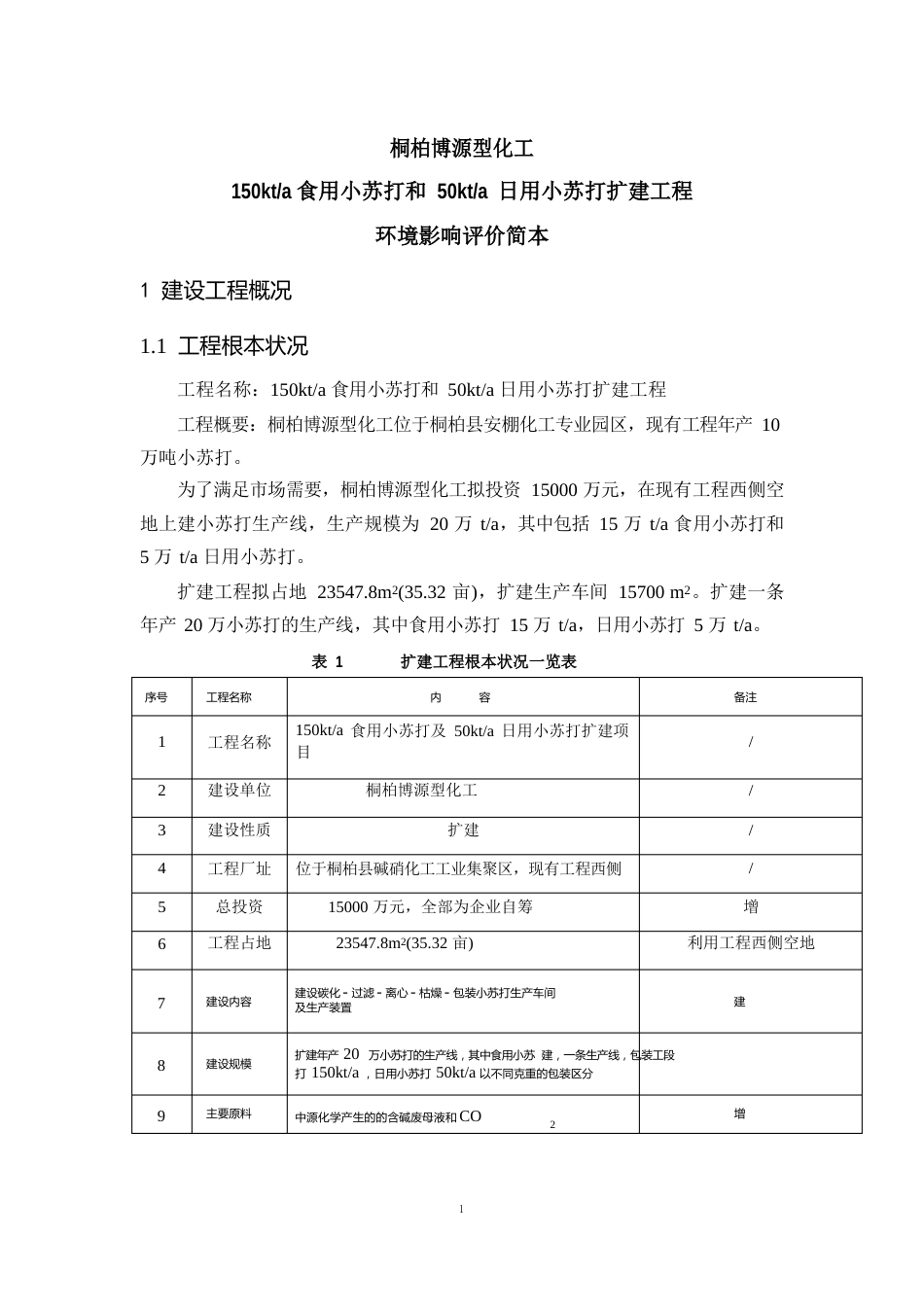 博源新型化工有限公司150kta食用小苏打和50kta日用小苏打扩建项目申请立项环境影响评估报告书简本_第1页