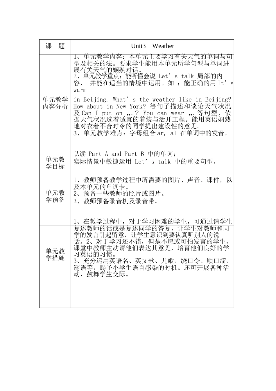 新人教版小学四年级英语下册 unit3 Weather教案_第1页