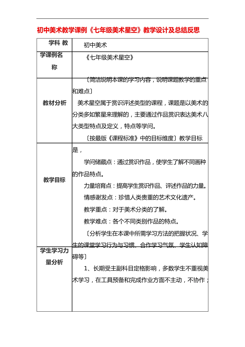 初中美术教学课例《七年级美术星空》教学设计及总结反思_第1页