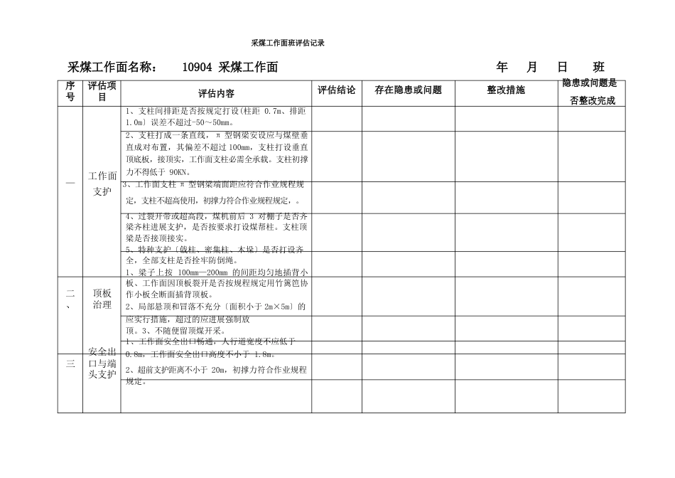 采煤工作面班评估记录表_第1页