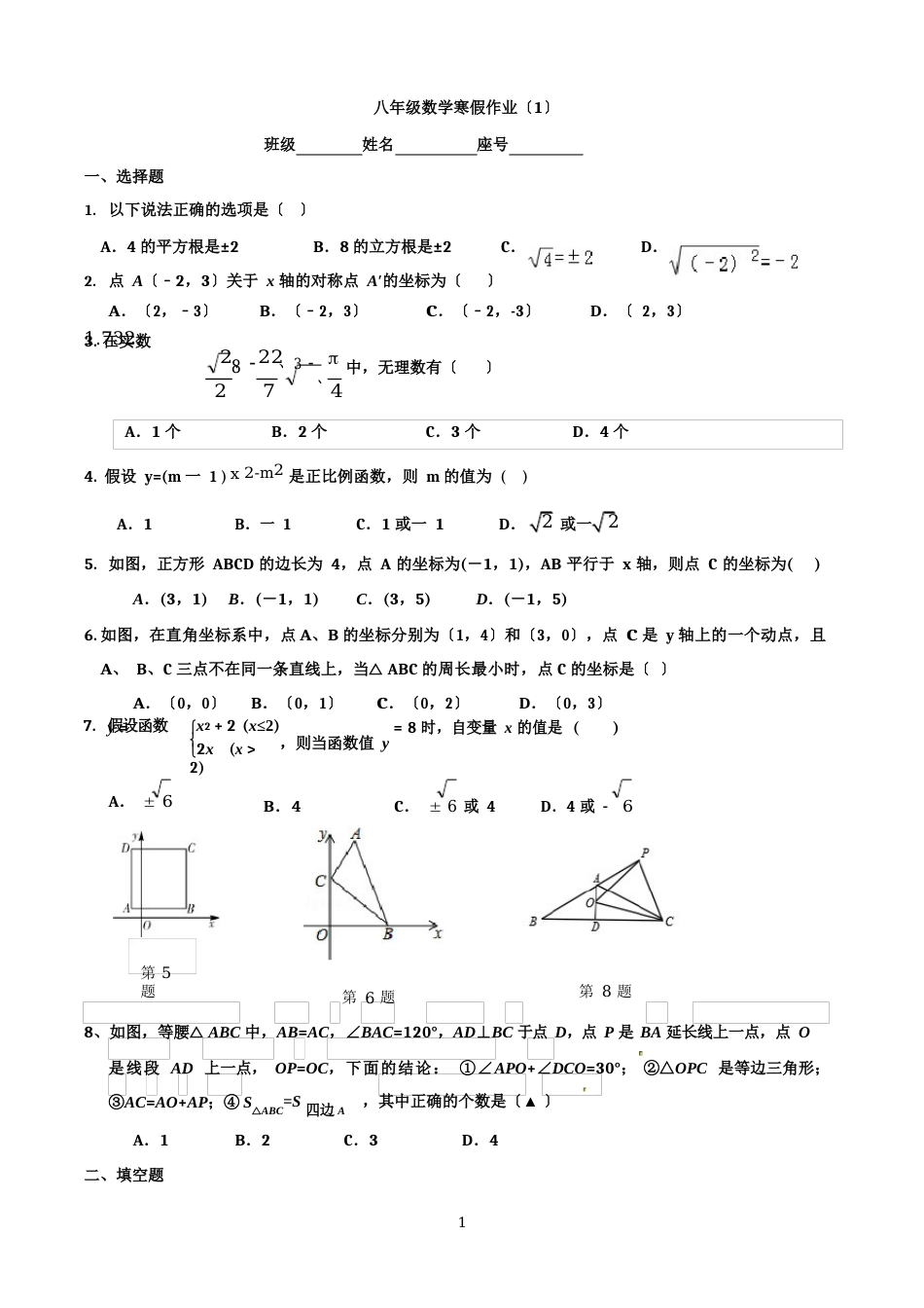 八年级数学寒假作业-,经典试题,通用_第1页