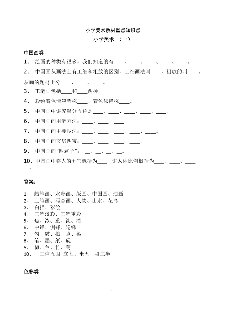 小学美术教材重点知识点_题库_第1页