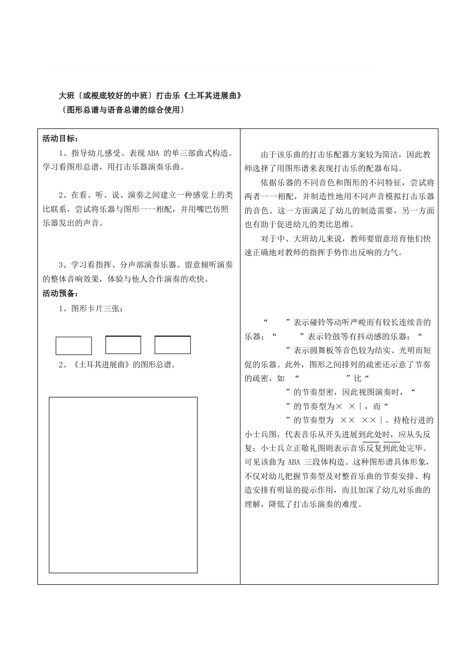 幼儿园大班打击乐《土耳其进行曲》表格式教学设计_第1页