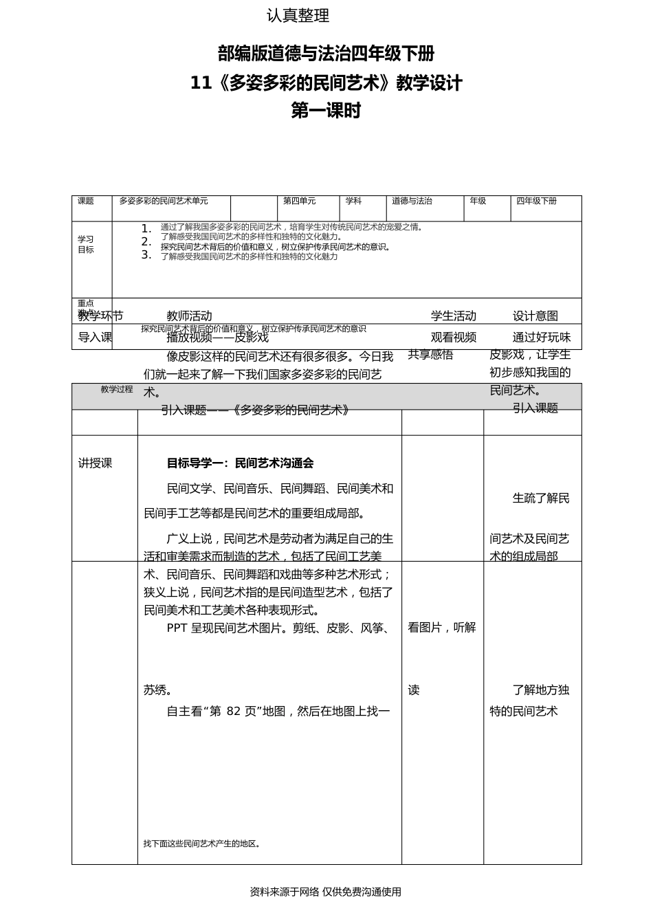 部编版四年级下册道德与法治第11课多姿多彩的民间艺术第一课时教案_第1页