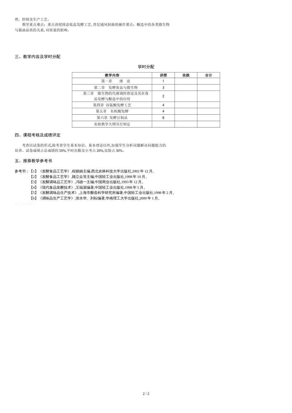 食品科学与工程专业发酵食品工艺学课程教学大纲_第2页