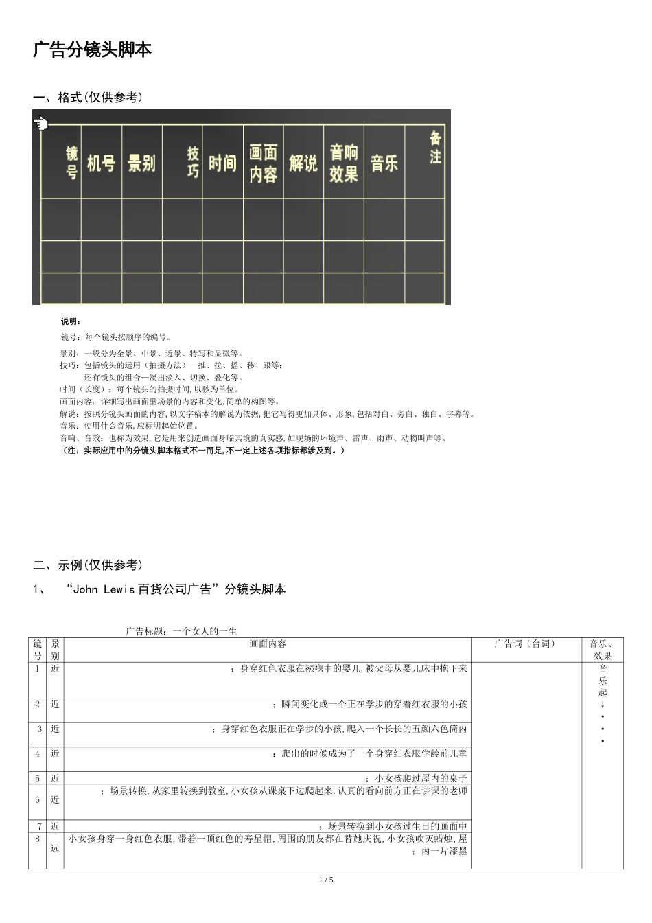 电视广告分镜头脚本一般格式及示例[共6页]_第1页