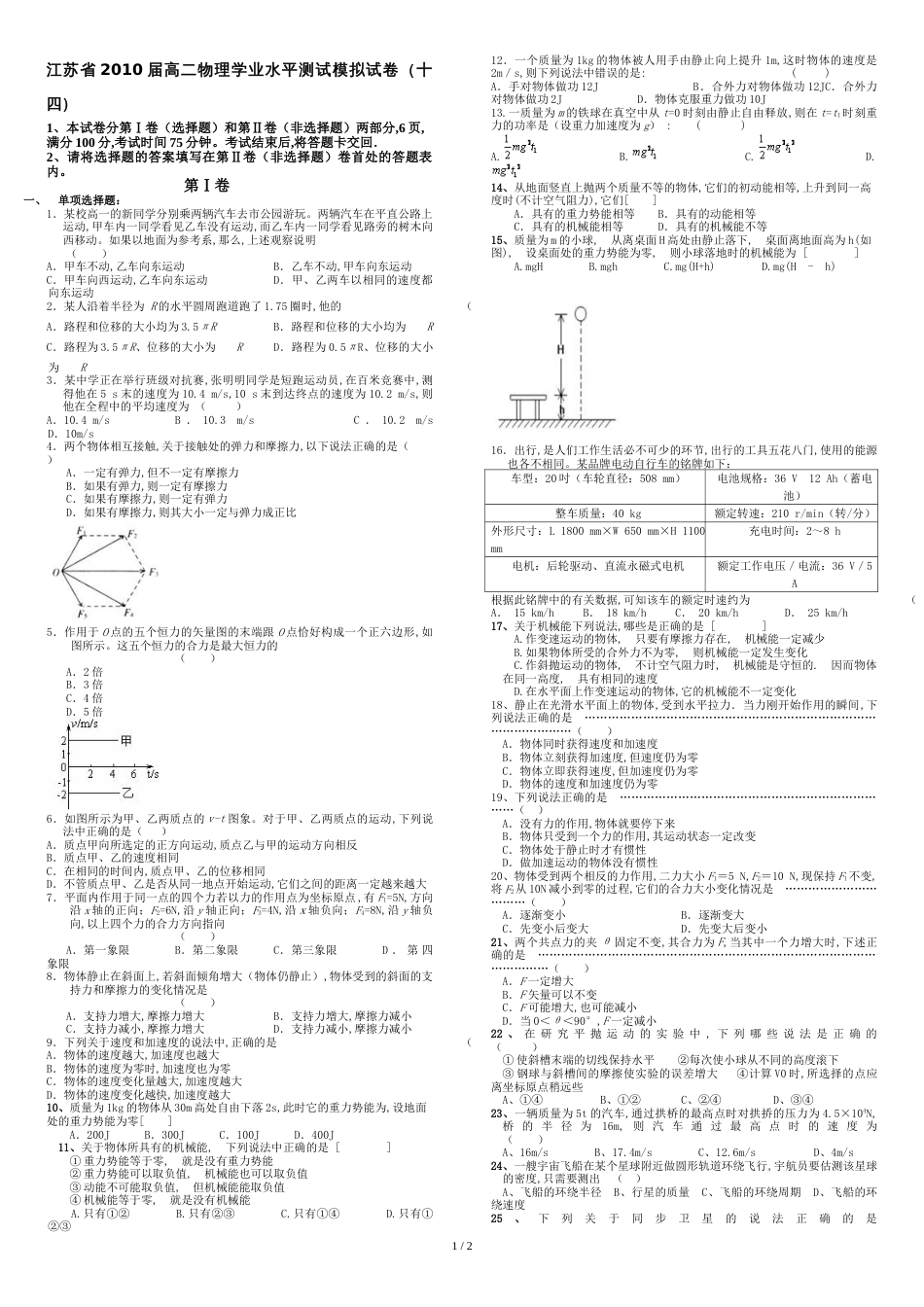 江苏省2010届高二物理学业水平测试模拟试卷(十四)_第1页