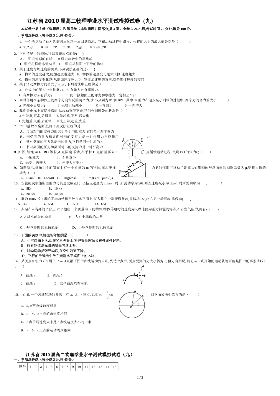 江苏省2010届高二物理学业水平测试模拟试卷(九)_第1页